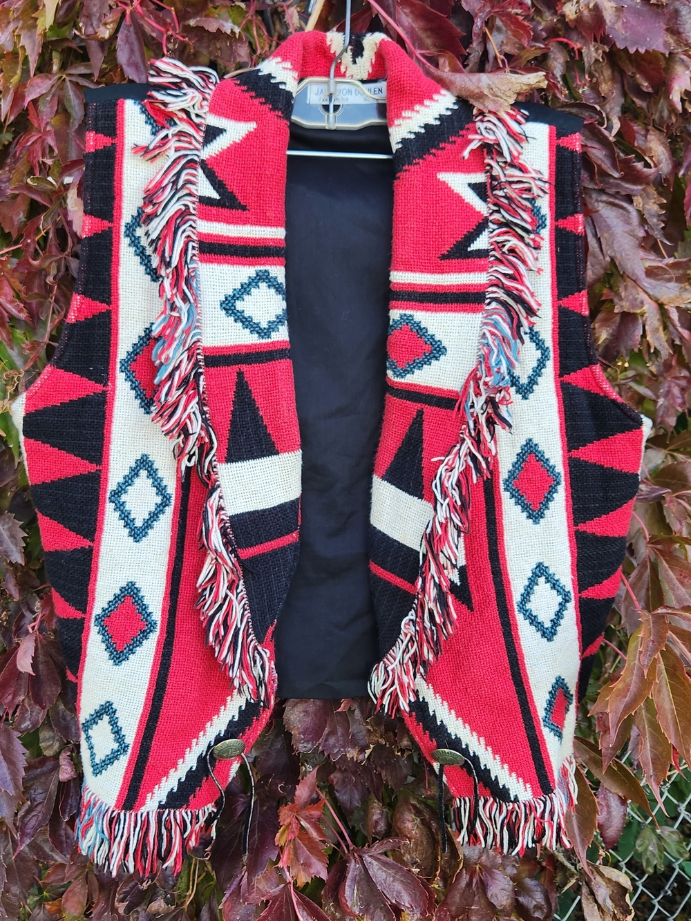 Vintage Jane Von Dohlen Southwestern Woven Blanket Fringe Vest Aztec Texas Small